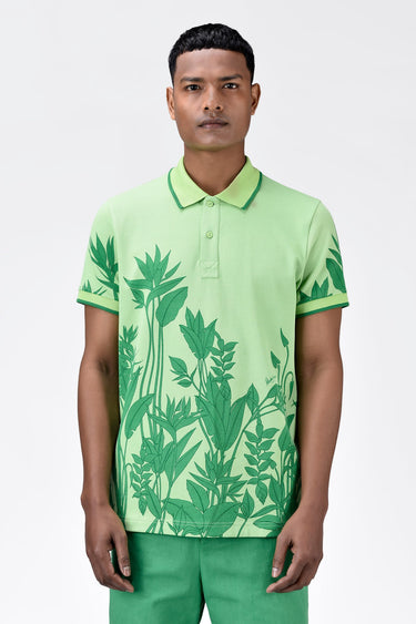 Men's Regular Fit Polo with Tropical Print-Mint Green - Genes Lecoanet Hemant