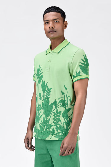 Men's Regular Fit Polo with Tropical Print-Mint Green - Genes Lecoanet Hemant