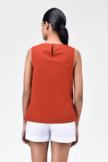 Cotton Poplin A-Line Sleeveless Top with Asymmetric Neck Coral Orange - Genes Lecoanet Hemant