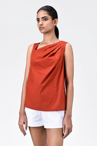 Cotton Poplin A-Line Sleeveless Top with Asymmetric Neck Coral Orange - Genes Lecoanet Hemant