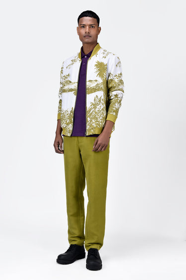 Men's Linen Herringbone Easy Fit Bomber Jacket-Bright Olive - Genes Lecoanet Hemant
