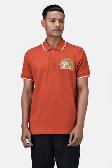Regular Fit Men's Polo With Genes Fruit Basket Embroidery Coral Orange - Genes Lecoanet Hemant