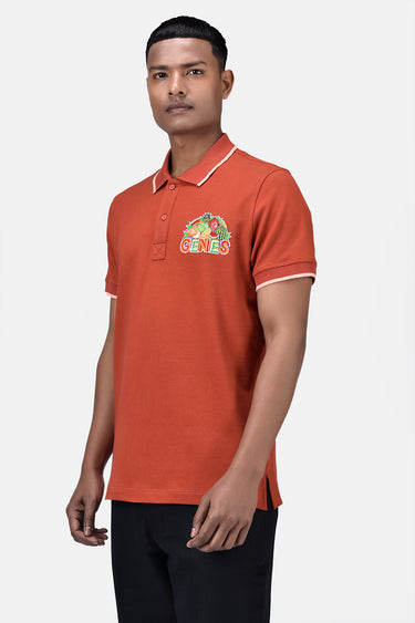 Regular Fit Men's Polo With Genes Fruit Basket Embroidery Coral Orange - Genes Lecoanet Hemant