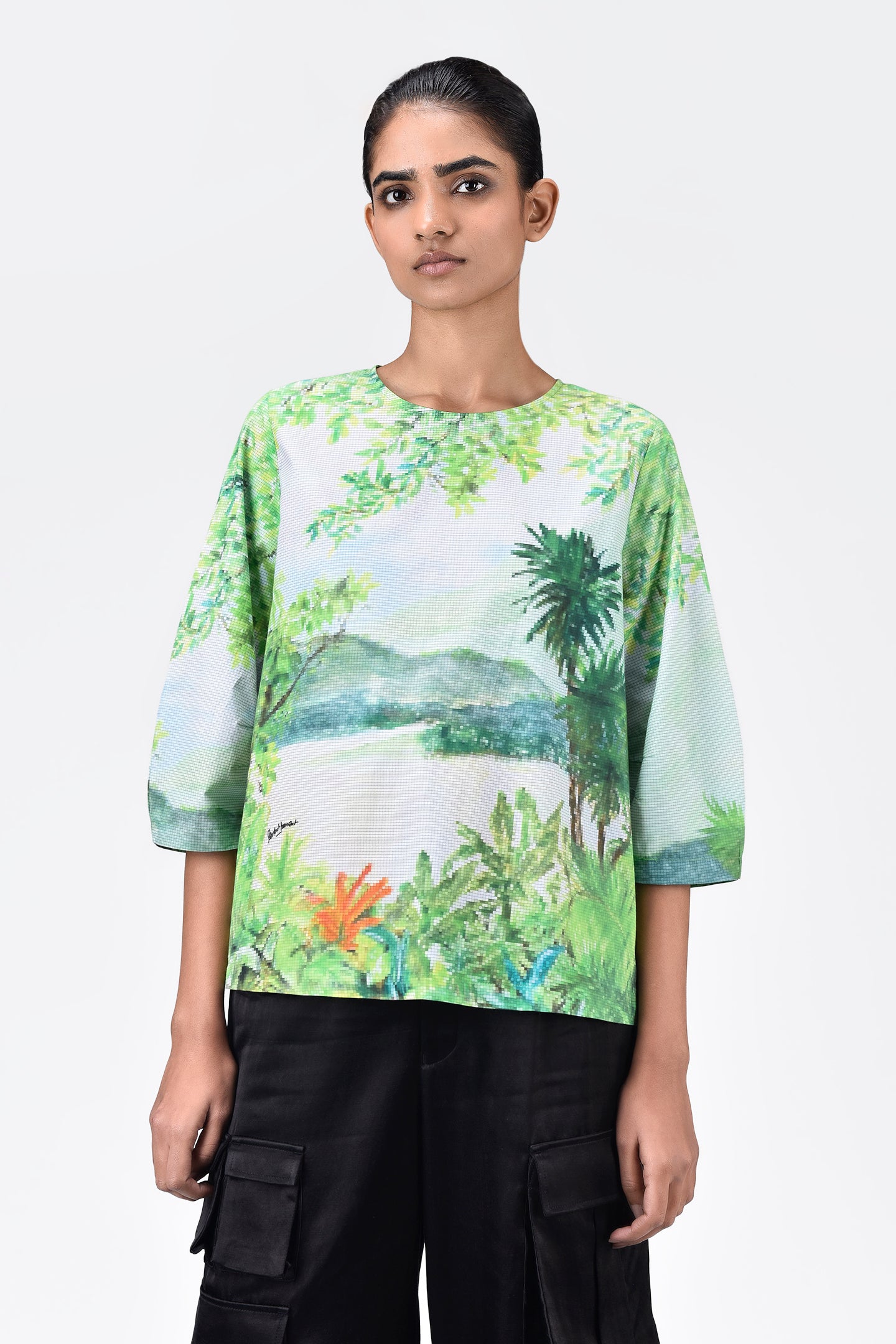 Landscape Print Top with Rounded Sleeves