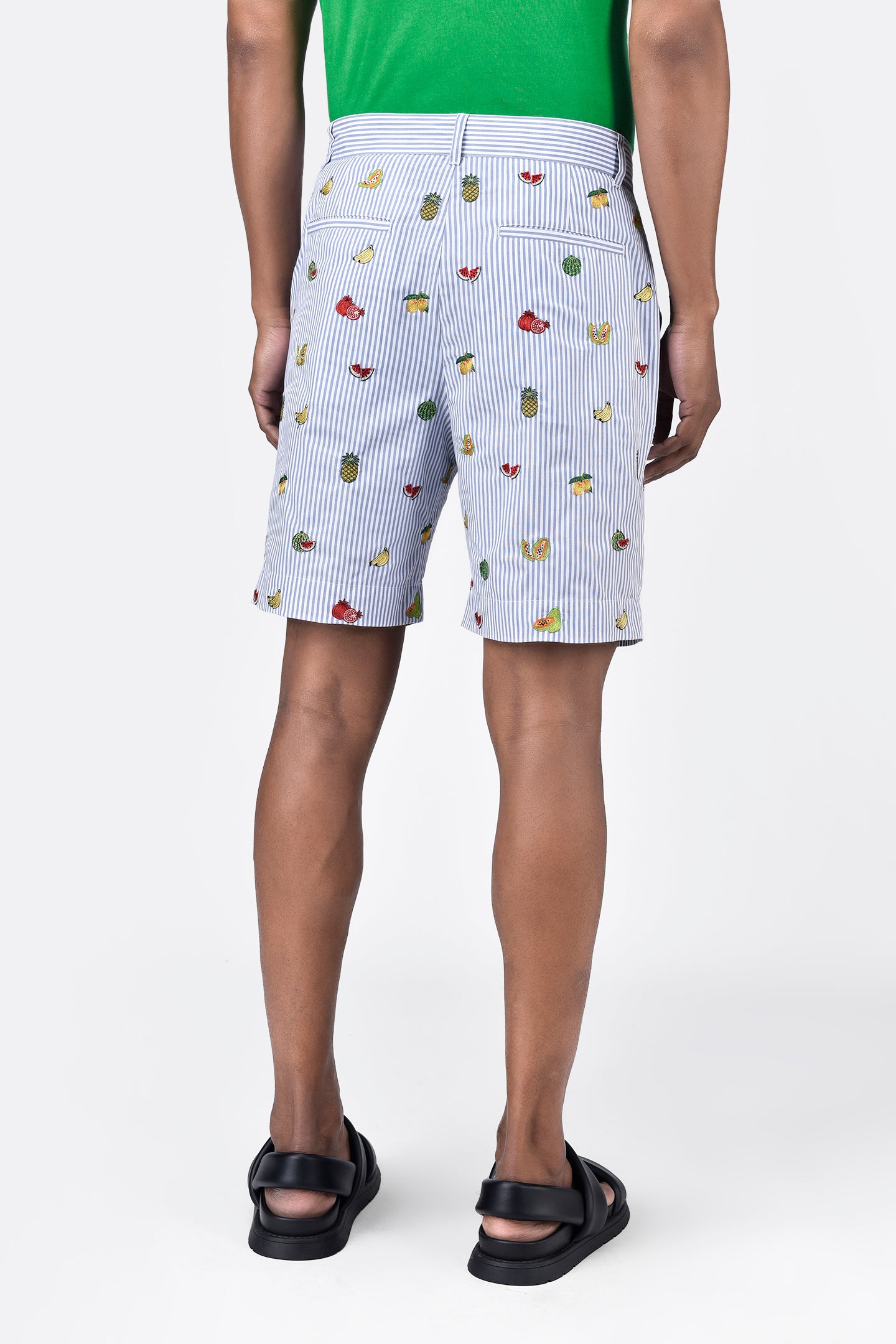 Blue Stripe Cotton Shorts With Fruit Motifs Embroidery