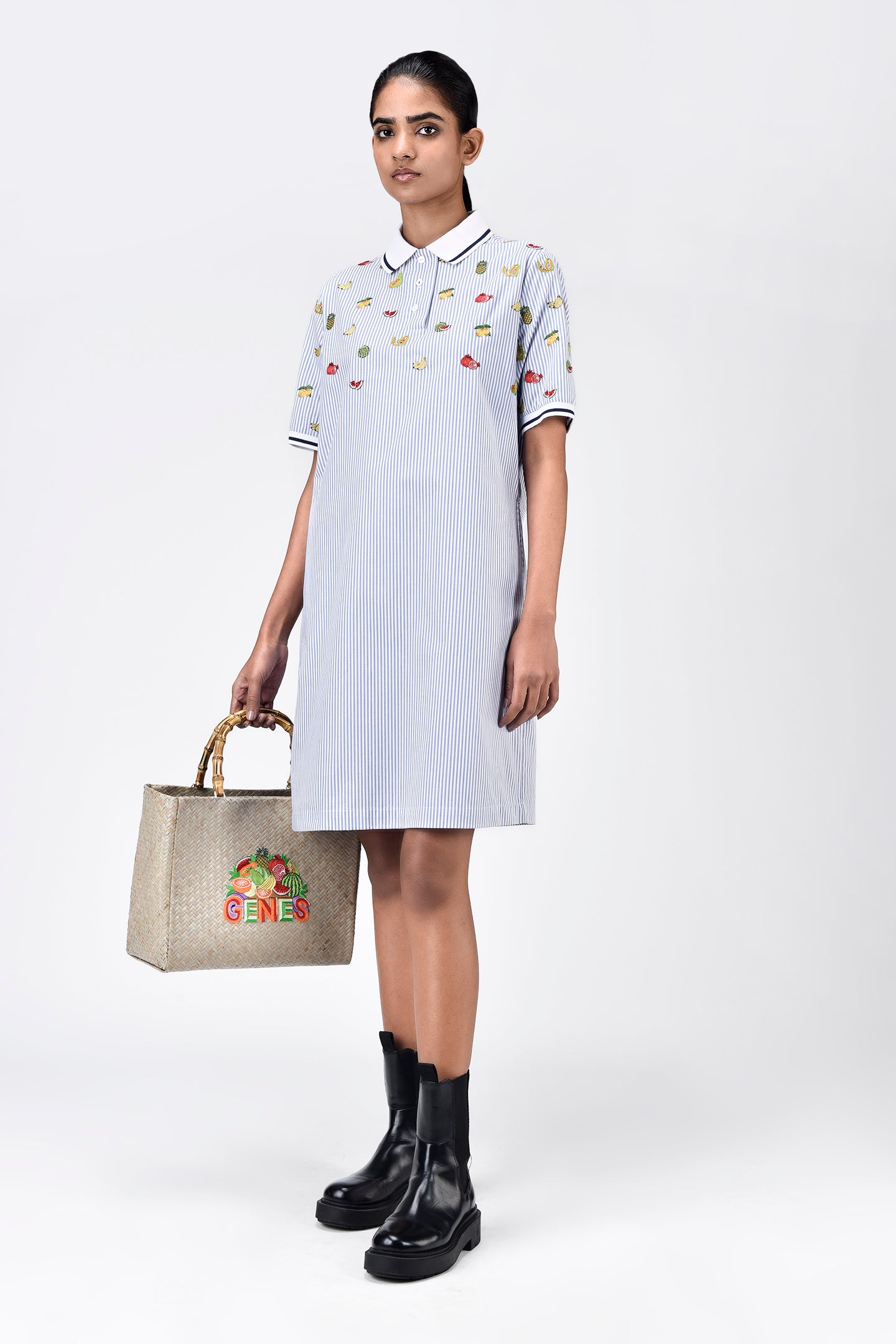 Cotton Polo Dress with Fruit Motif Embroidery