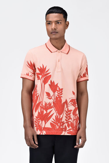 Men's Regular Fit Polo with Tropical Print-Light Peach - Genes Lecoanet Hemant