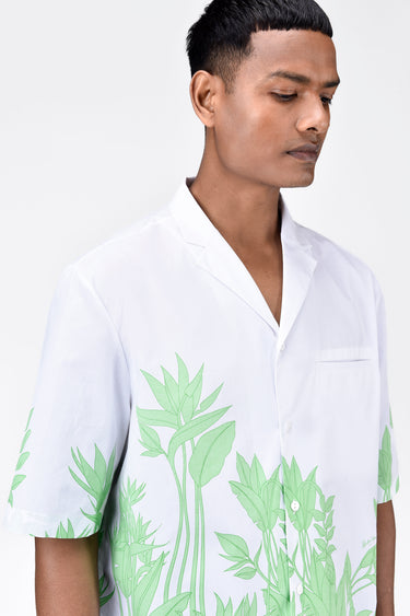 Easy Fit Cotton Poplin Shirt with Sailor Collar and Tropical Print