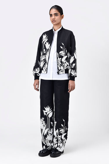 Relaxed Fit Linen Herringbone Bomber Jacket with Tropical Print Black