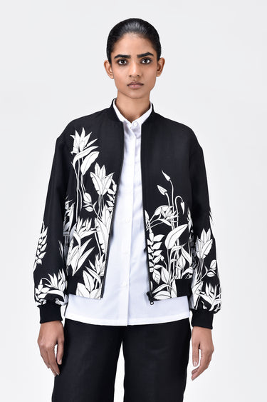 Relaxed Fit Linen Herringbone Bomber Jacket with Tropical Print Black