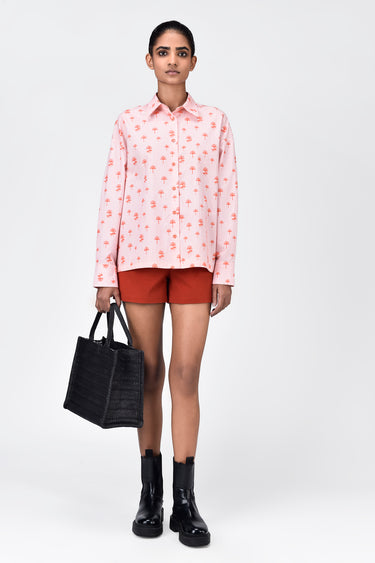 Palm Stripe Cotton Poplin Easy Fit Shirt- Coral Orange - Genes Lecoanet Hemant