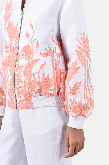Relaxed Fit Linen Herringbone Bomber Jacket with Tropical Print Off White