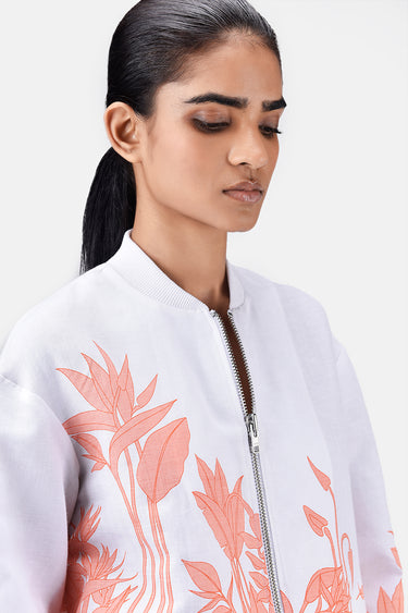 Relaxed Fit Linen Herringbone Bomber Jacket with Tropical Print Off White