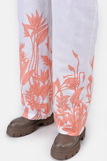 Straight Fit Linen Herringbone Trousers with Tropical Print Off White
