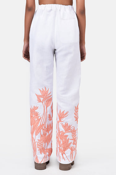 Straight Fit Linen Herringbone Trousers with Tropical Print Off White
