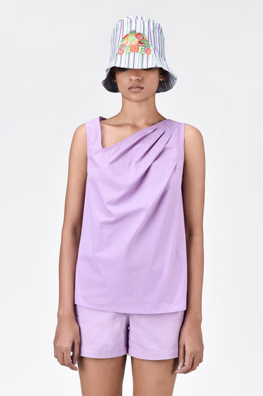 Cotton Poplin A-Line Sleeveless Top with Asymmetric Neck-Lavender - Genes Lecoanet Hemant