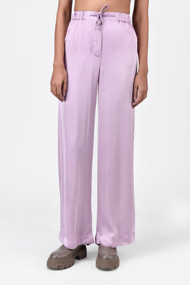 Straight Fit Viscose Satin Trousers with Elastic Waist and Drawstrings