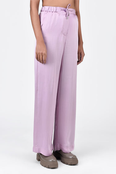 Straight Fit Viscose Satin Trousers with Elastic Waist and Drawstrings