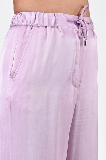 Straight Fit Viscose Satin Trousers with Elastic Waist and Drawstrings