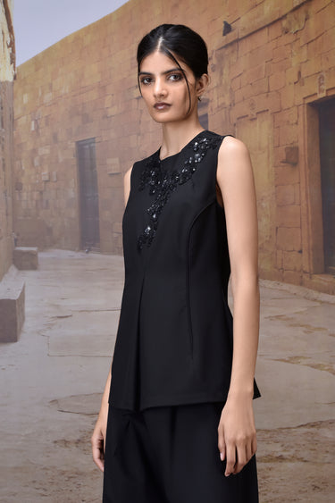 Black Poly Viscose Embroidered Sleeveless Top - Genes Online Store