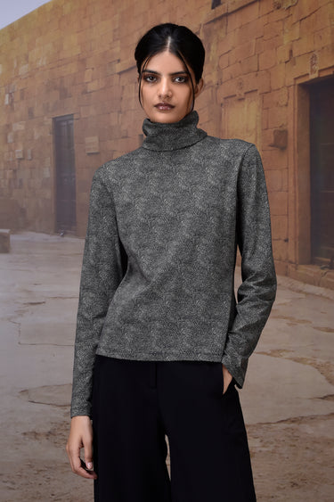 Black Micro-Dot High Neck Jersey Top - Genes Online Store