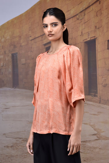 Coquelicot satin top women India with sculpted pleats and soft drape