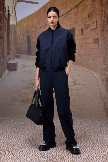 Navy Quilted Silk Viscose Bomber Jacket - Genes Online Store
