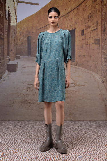 Retro blue pleated satin dress for women by Genes Lecoanet Hemant India