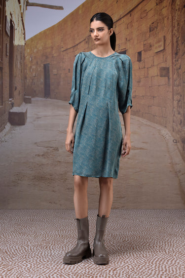 Women blue satin dress with pleats, luxury designer fashion India