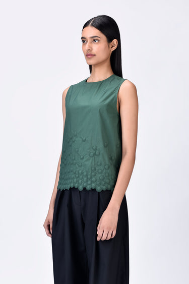 Pine Green Sleeveless Top with Heritage Ravioli Embroidery - Genes Lecoanet Hemant