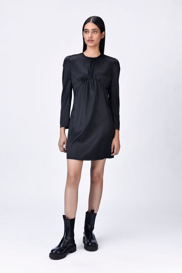 Black Satin Gather Dress