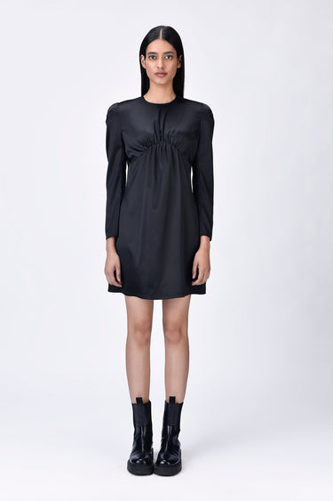 Black Satin Gather Dress