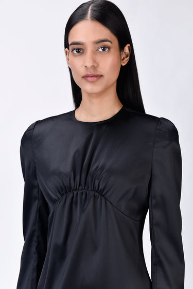 Black Satin Gather Dress