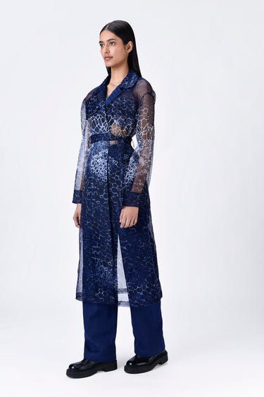 Women's Navy Blue Organza Coat - Genes Lecoanet Hemant