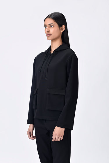 Black Banana Crepe Relaxed Fit Hoodie with Front Pockets - Genes Online Store