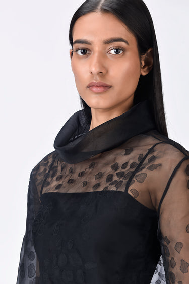 Black Poly Organza Relaxed Fit Turtle Neck Top with Micro Cell Applique