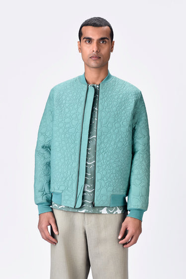 Textured Silk Voile Bomber Jacket - Blue