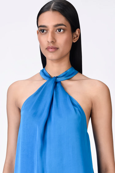 Satin Halter Neck Dress- Azure Blue - Genes Lecoanet Hemant