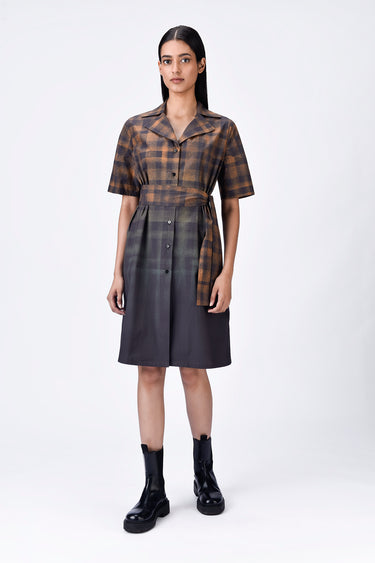Dot Check Cotton Shirt Dress with Belt- Chocolate Brown - Genes Lecoanet Hemant