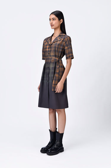 Dot Check Cotton Shirt Dress with Belt- Chocolate Brown - Genes Lecoanet Hemant