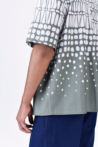 Taupe Easy Fit Cuban Collar Shirt with Cell Degrade Print - Genes Lecoanet Hemant