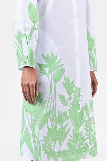 A-Line Cotton Poplin Shirt Dress with Tropical Print