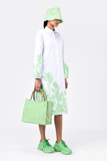 A-Line Cotton Poplin Shirt Dress with Tropical Print