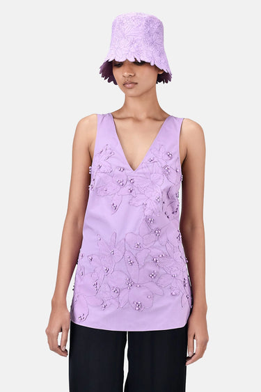 A-Line Top with Floral Applique-Lavender - Genes Lecoanet Hemant
