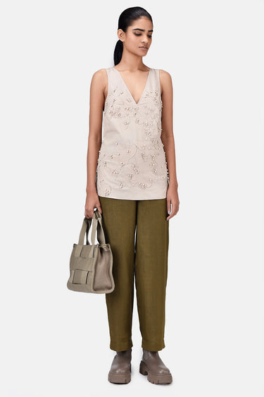 A-Line Top with Floral Applique-Sand - Genes Lecoanet Hemant