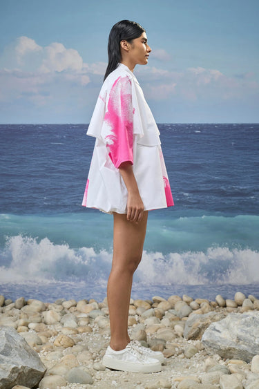White oversized shirt women India with pink graphic print, modern luxury wear
