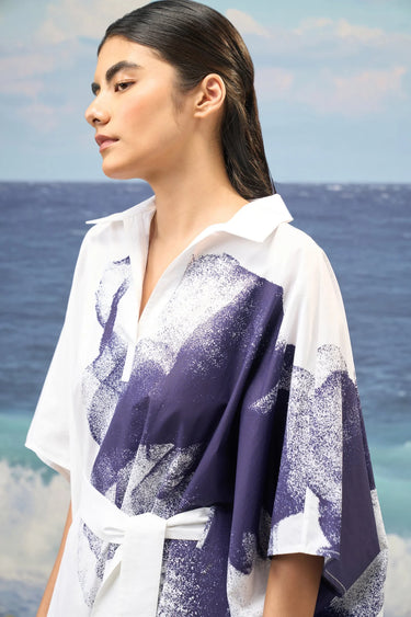 Abstract Ink-Blot Oversized Belted Dress – White & Navy