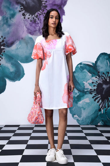 Anemone Flower Regular Fit Dress- White Coral - Genes Online Store