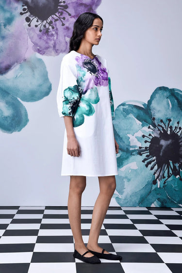 Anemone Flower Regular Fit Dress- White Green - Genes Online Store