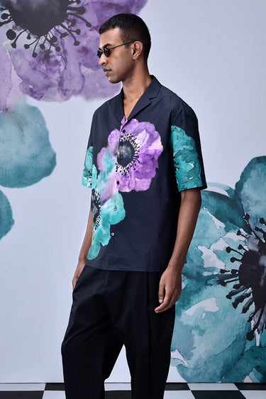 Anemone Flower Relax Fit Cuban Shirt- Green - Genes Online Store